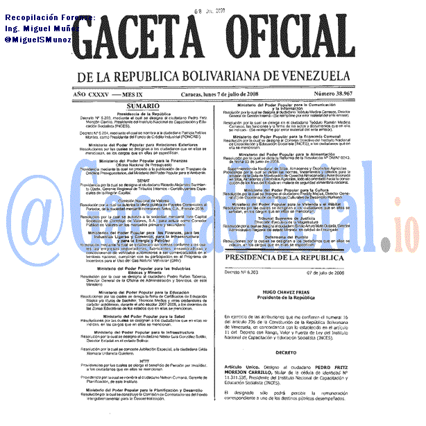 Gaceta Oficial 38967 del 7 Julio 2008