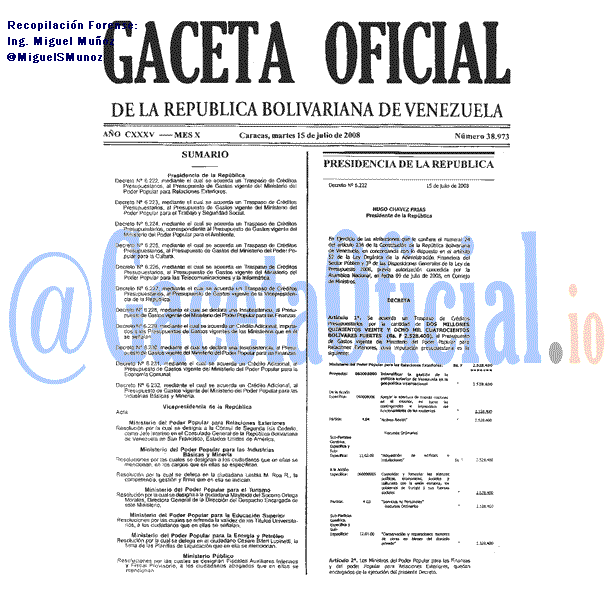 Gaceta Oficial 38973 del 15 Julio 2008