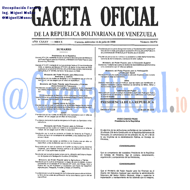 Gaceta Oficial 38974 del 16 Julio 2008