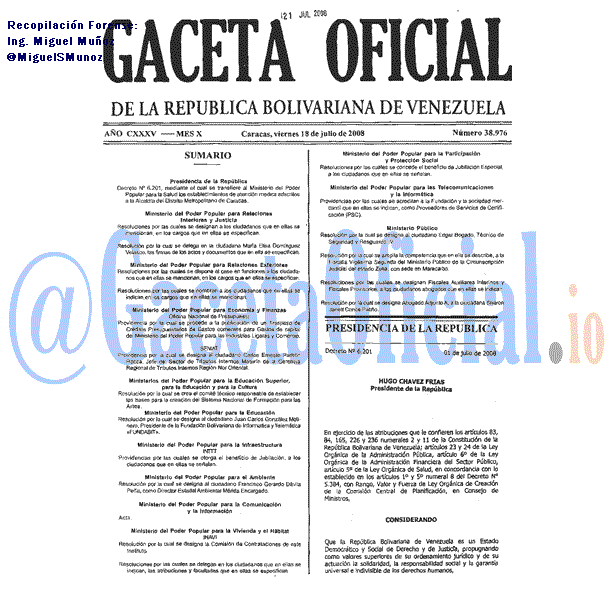 Gaceta Oficial 38976 del 18 Julio 2008