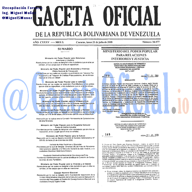 Gaceta Oficial 38977 del 21 Julio 2008