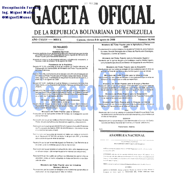 Gaceta Oficial 38990 del 8 Agosto 2008