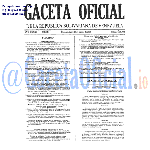 Gaceta Oficial 38991 del 11 Agosto 2008