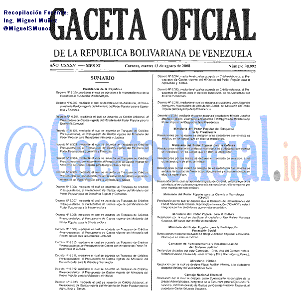 Gaceta Oficial 38992 del 12 Agosto 2008