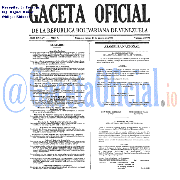 Gaceta Oficial 38994 del 14 Agosto 2008