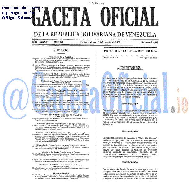 Gaceta Oficial 38995 del 15 Agosto 2008