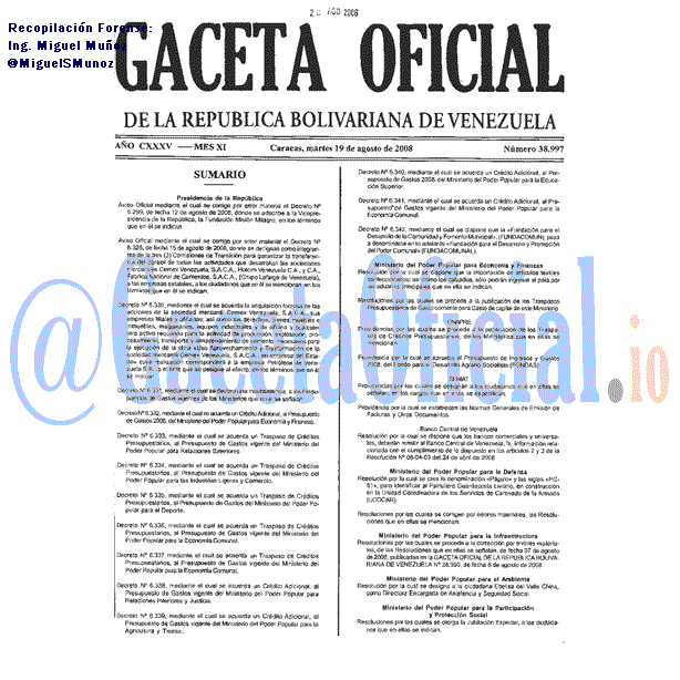 Gaceta Oficial 38997 del 19 Agosto 2008