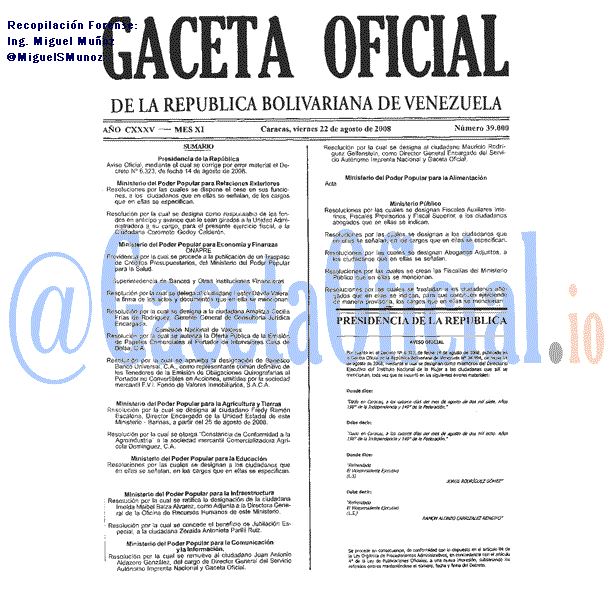 Gaceta Oficial 39000 del 22 Agosto 2008