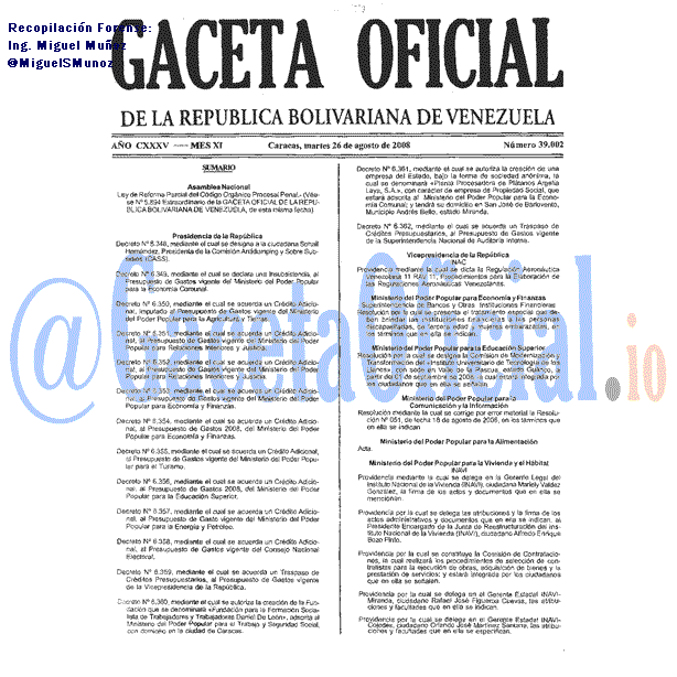 Gaceta Oficial 39002 del 26 Agosto 2008