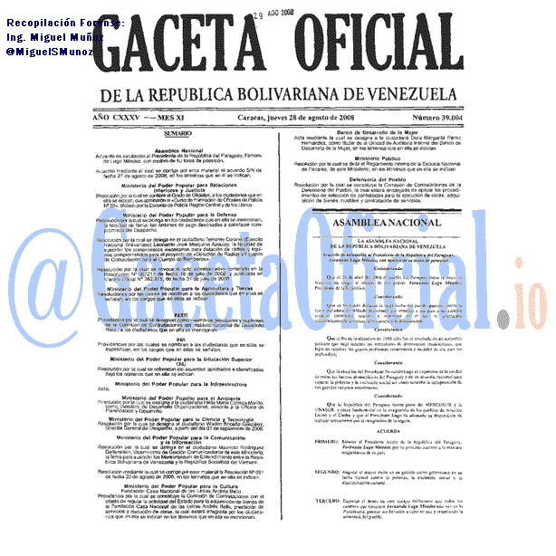 Gaceta Oficial 39004 del 28 Agosto 2008