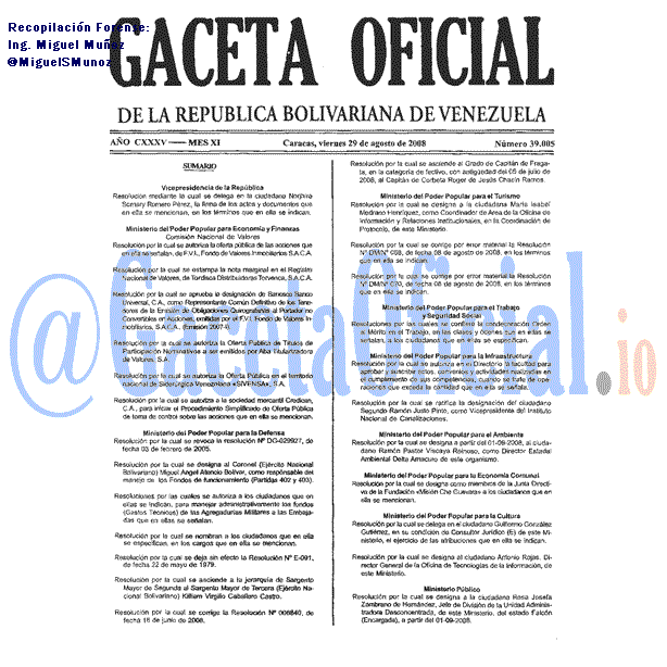 Gaceta Oficial 39005 del 29 Agosto 2008