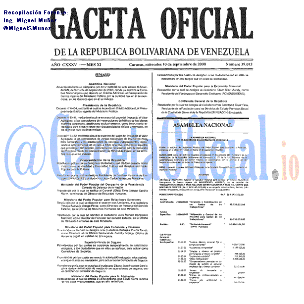 Gaceta Oficial 39013 del 10 Septiembre 2008
