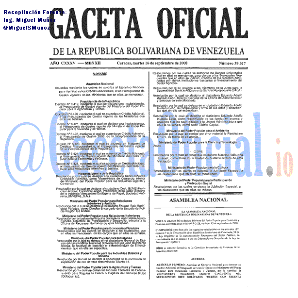 Gaceta Oficial 39017 del 16 Septiembre 2008