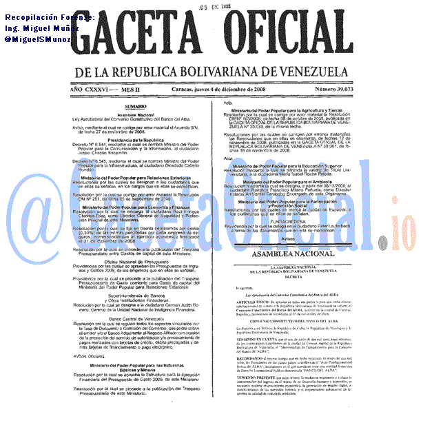 Gaceta Oficial 39073 del 4 Diciembre 2008