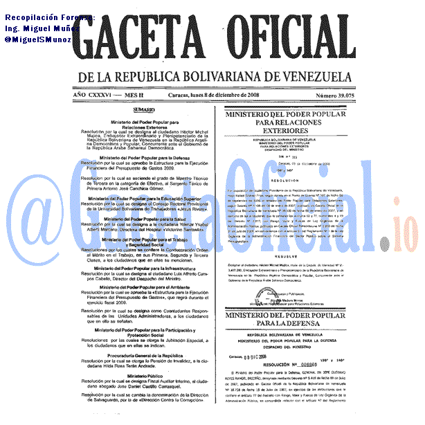Gaceta Oficial 39075 del 8 Diciembre 2008