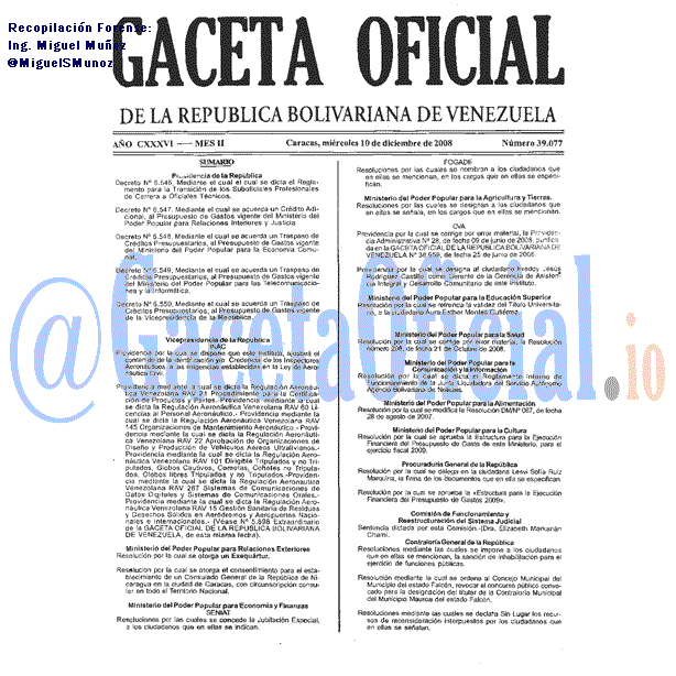 Gaceta Oficial 39077 del 10 Diciembre 2008