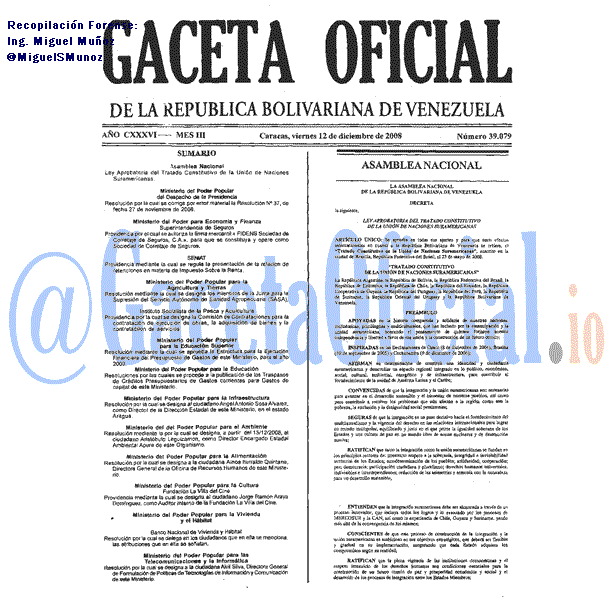Gaceta Oficial 39079 del 12 Diciembre 2008