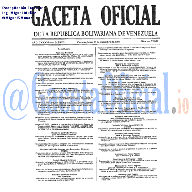 Gaceta Oficial 39080 del 15 Diciembre 2008