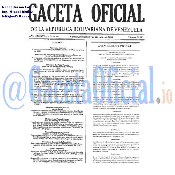 Gaceta Oficial 39082 del 17 Diciembre 2008