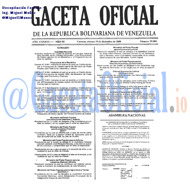 Gaceta Oficial 39084 del 19 Diciembre 2008