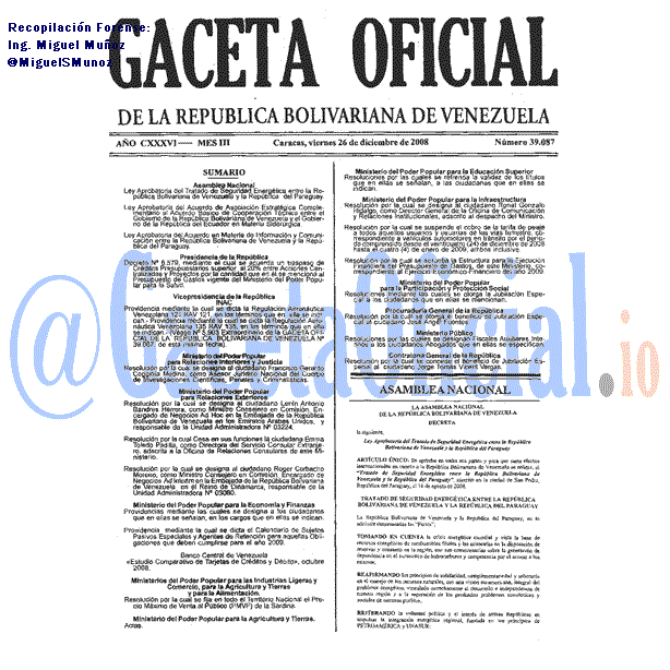 Gaceta Oficial 39087 del 26 Diciembre 2008