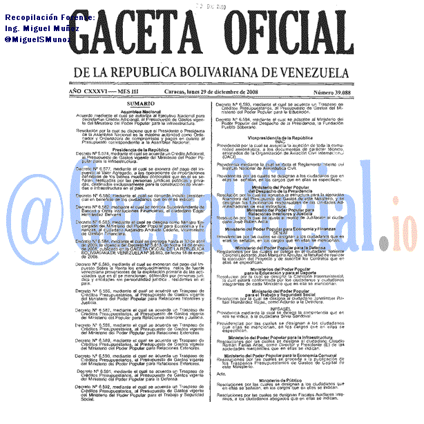 Gaceta Oficial 39088 del 29 Diciembre 2008