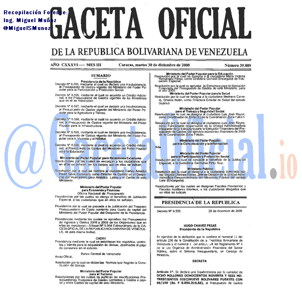Gaceta Oficial 39089 del 30 Diciembre 2008