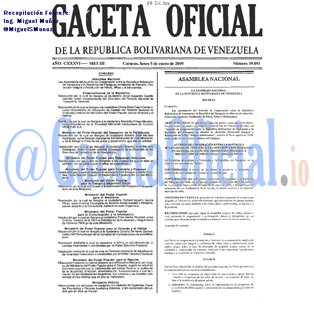Gaceta Oficial 39091 del 5 Enero 2009