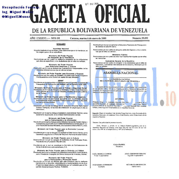 Gaceta Oficial 39092 del 6 Enero 2009
