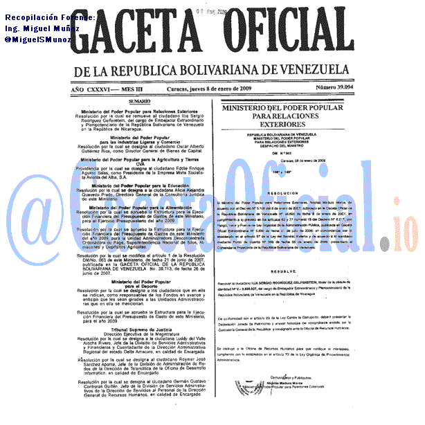 Gaceta Oficial 39094 del 8 Enero 2009