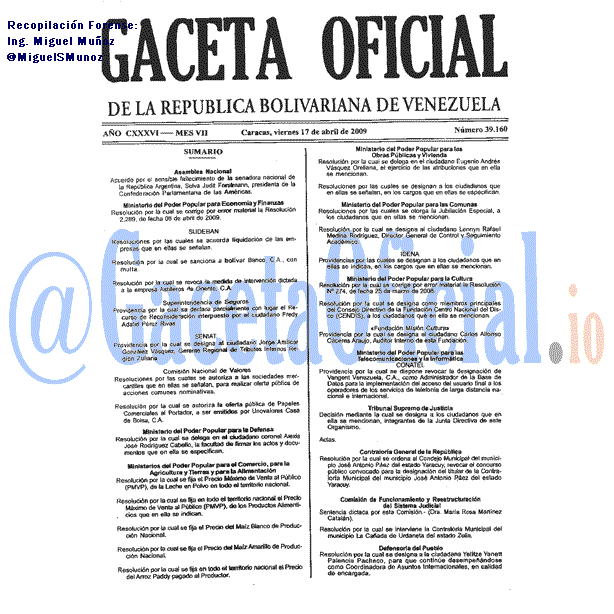 Gaceta Oficial 39160 del 17 Abril 2009