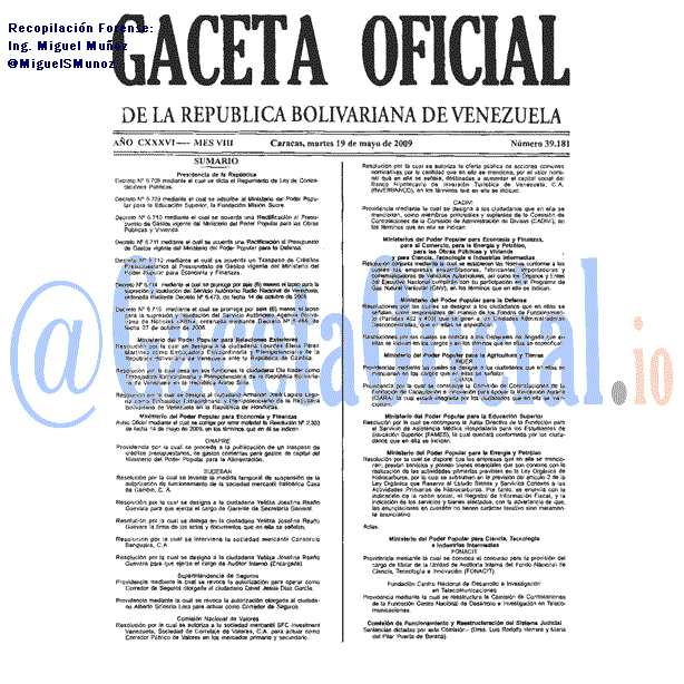 Gaceta Oficial 39181 del 19 Mayo 2009