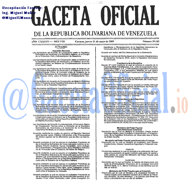 Gaceta Oficial 39183 del 21 Mayo 2009