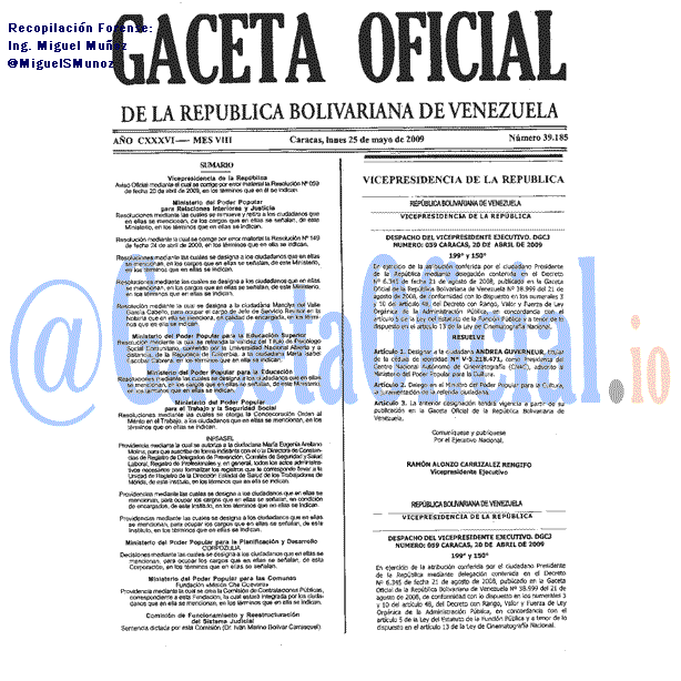 Gaceta Oficial 39185 del 25 Mayo 2009