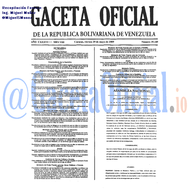 Gaceta Oficial 39189 del 29 Mayo 2009