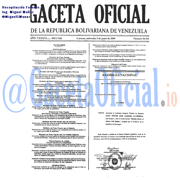 Gaceta Oficial 39192 del 3 Junio 2009
