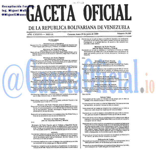 Gaceta Oficial 39209 del 29 Junio 2009