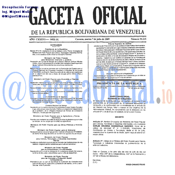 Gaceta Oficial 39215 del 7 Julio 2009