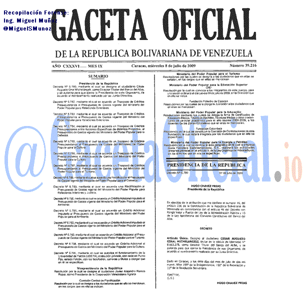 Gaceta Oficial 39216 del 8 Julio 2009