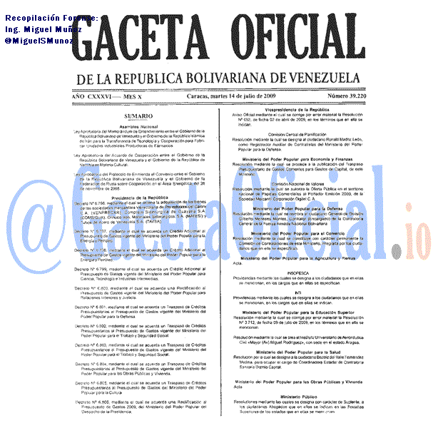 Gaceta Oficial 39220 del 14 Julio 2009