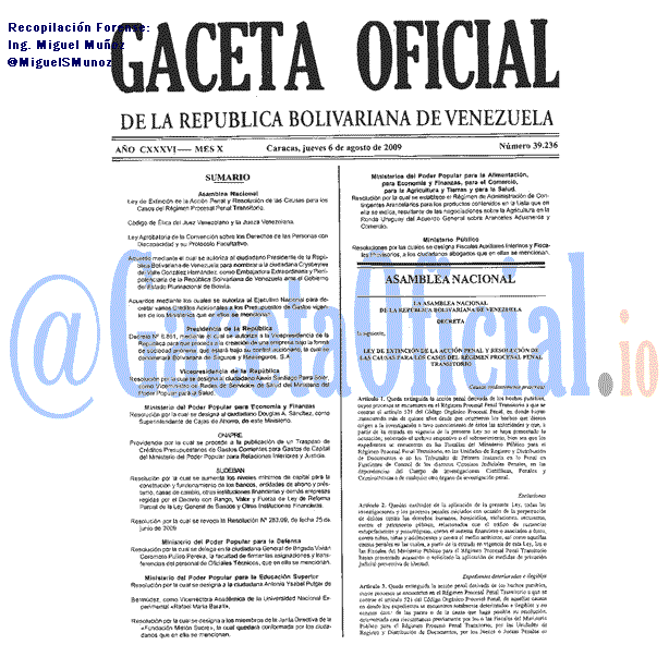 Gaceta Oficial 39236 del 6 Agosto 2009