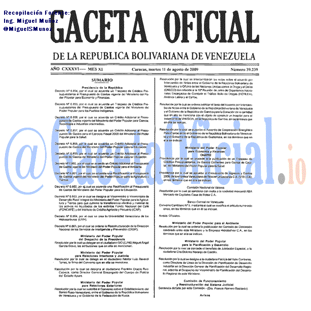 Gaceta Oficial 39239 del 11 Agosto 2009