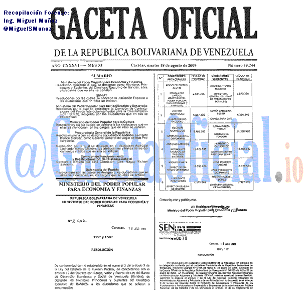 Gaceta Oficial 39244 del 18 Agosto 2009