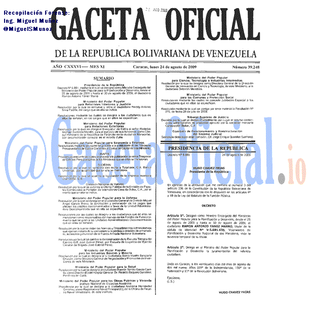 Gaceta Oficial 39248 del 24 Agosto 2009