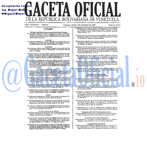 Gaceta Oficial 39321 del 4 Diciembre 2009
