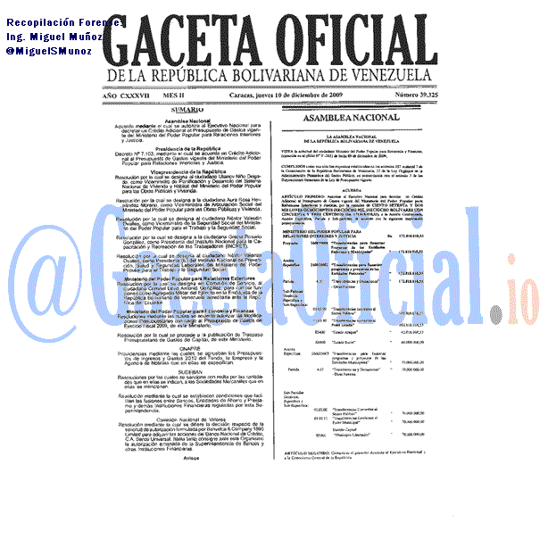 Gaceta Oficial 39325 del 10 Diciembre 2009