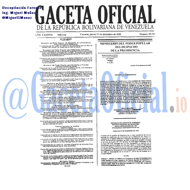 Gaceta Oficial 39330 del 17 Diciembre 2009