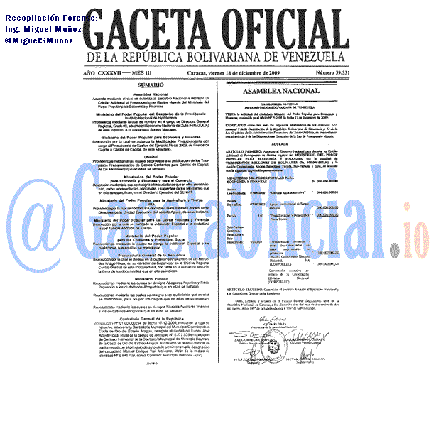 Gaceta Oficial 39331 del 18 Diciembre 2009