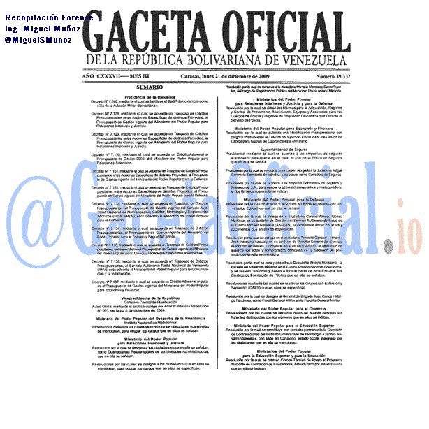 Gaceta Oficial 39332 del 21 Diciembre 2009