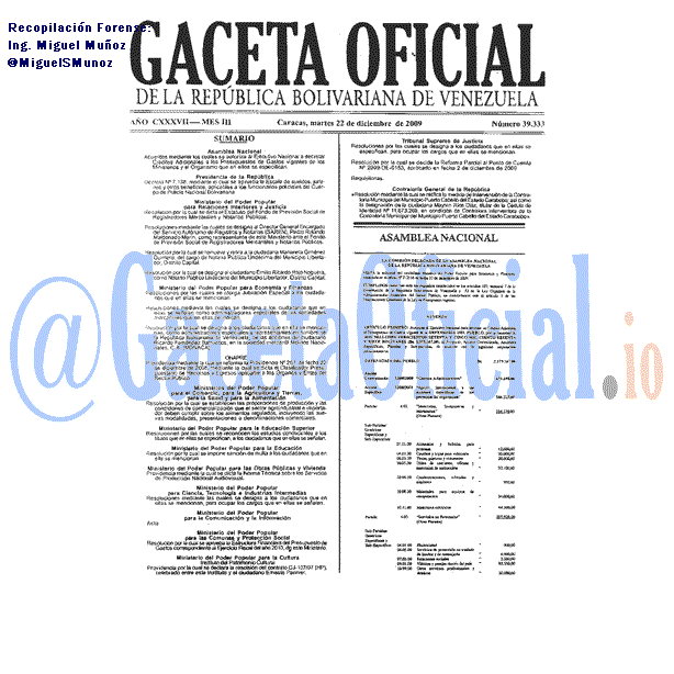 Gaceta Oficial 39333 del 22 Diciembre 2009